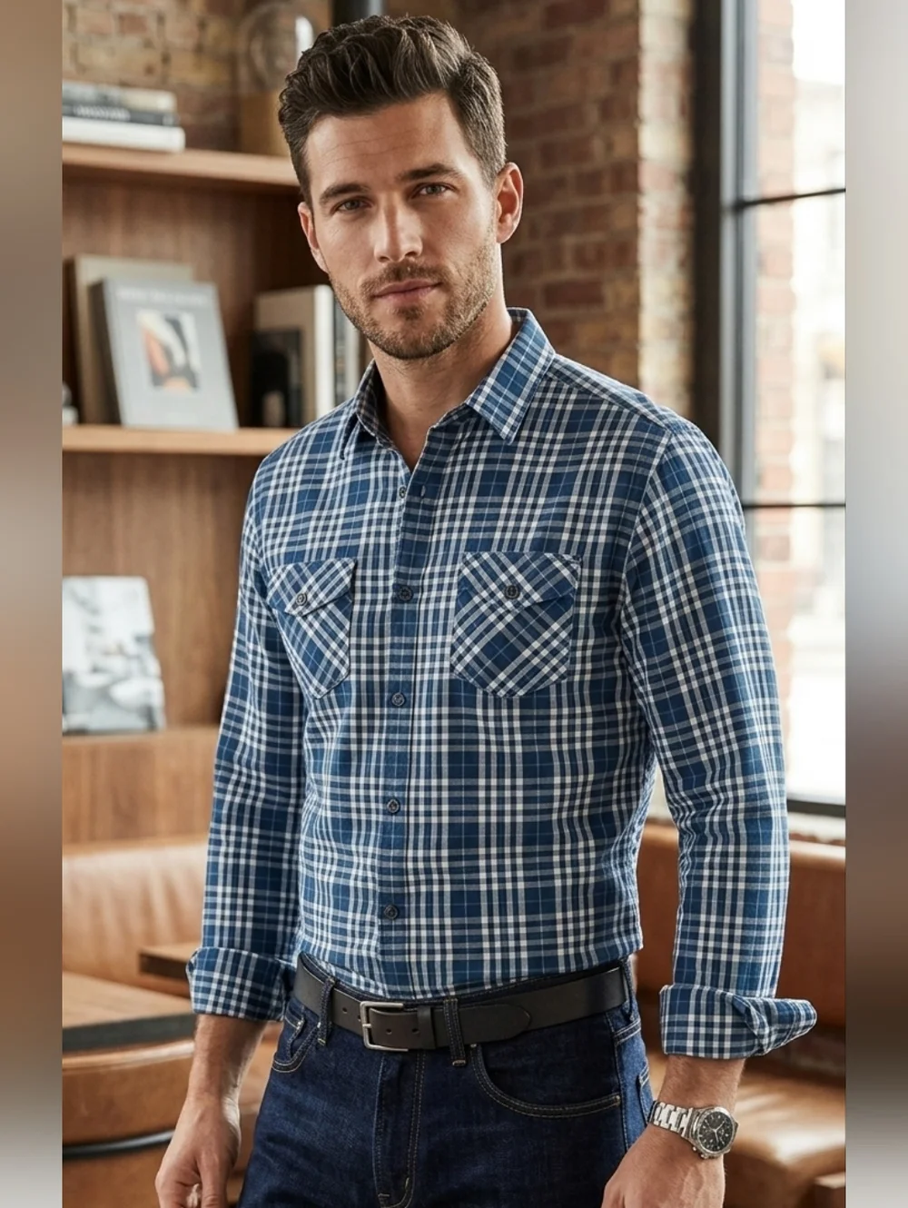 Banana Republic men's long sleeve Blue plaid Button Down shirt Men's size medium